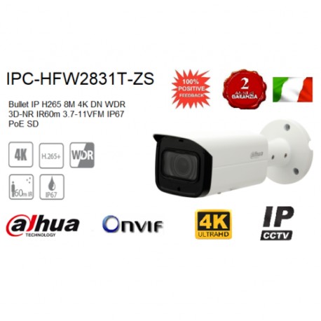 TELECAMERA IPC-HFW2831T-ZS DAHUA BULLET IP 8 MPX 4K IR 60m 3.7-11 mm IP67 PoE